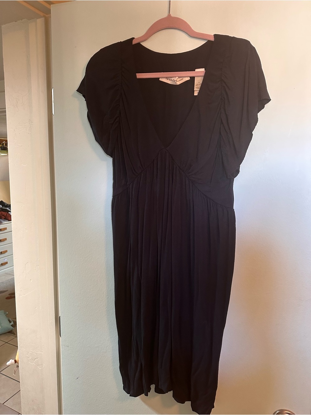 Laundry by Design Dark Blue Midi V-Neck Ruched Sleeve Dress